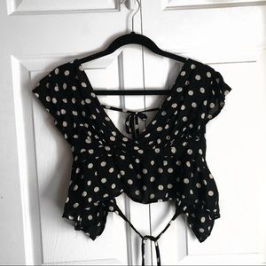 Top shop black and white polka dot crop tie top